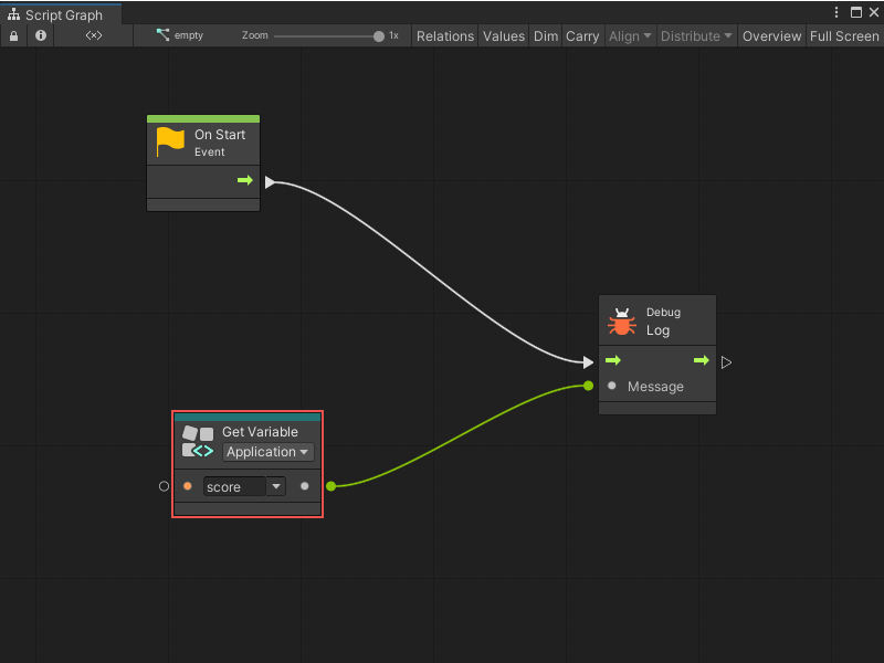 The Get Variable Node returning the value of the score variable.