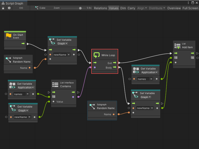 The While Loop runs until the Get Variable's list of names and the Set Variable new name don't match.