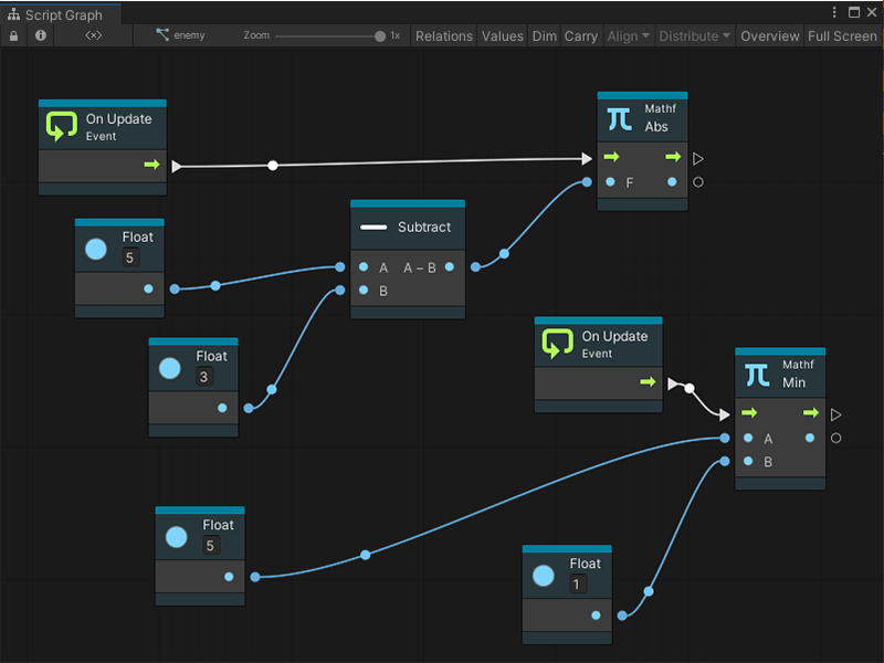 Visual Scripting in live mode displays flows as droplets on connections.