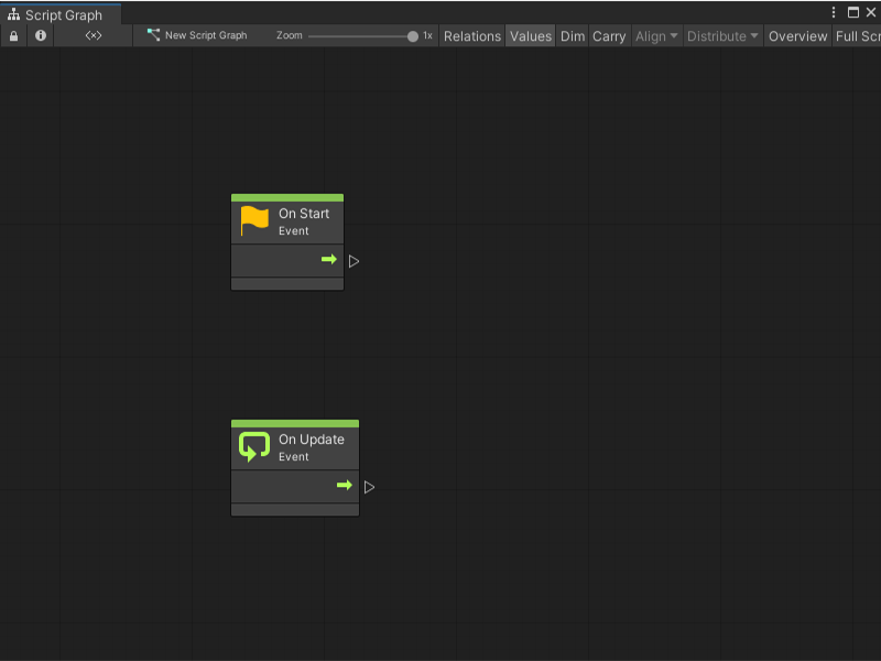 A new script machine with the two default events: On Start and On Update.
