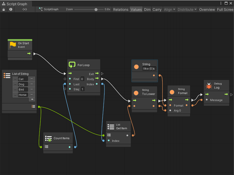 A For Loop prints to console from a list by stepping along the list's index.