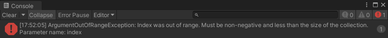 The console shows an error of Index out of range.