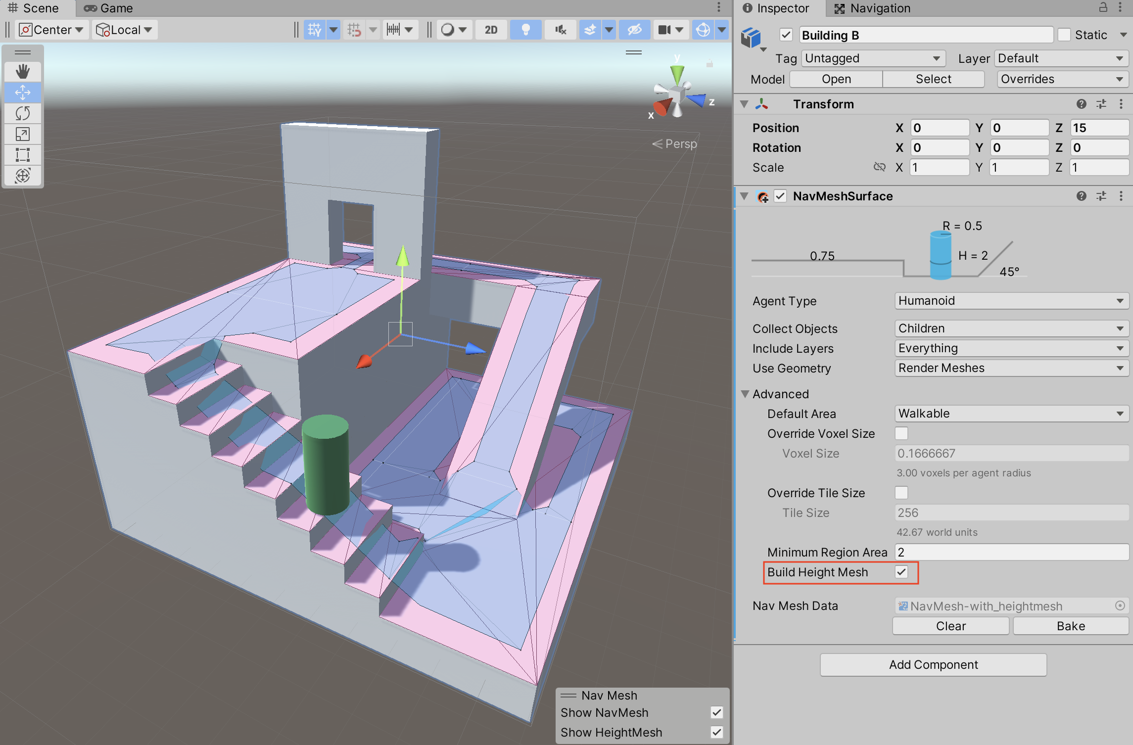 A NavMesh Surface which contains accurate character placement data (HeightMesh). The blue area shows the NavMesh which is used for path finding. The pink area (including the area under the NavMesh) represents the HeightMesh which is used for more accurate placement of the Agent while it moves along the calculated path. HeightMesh example