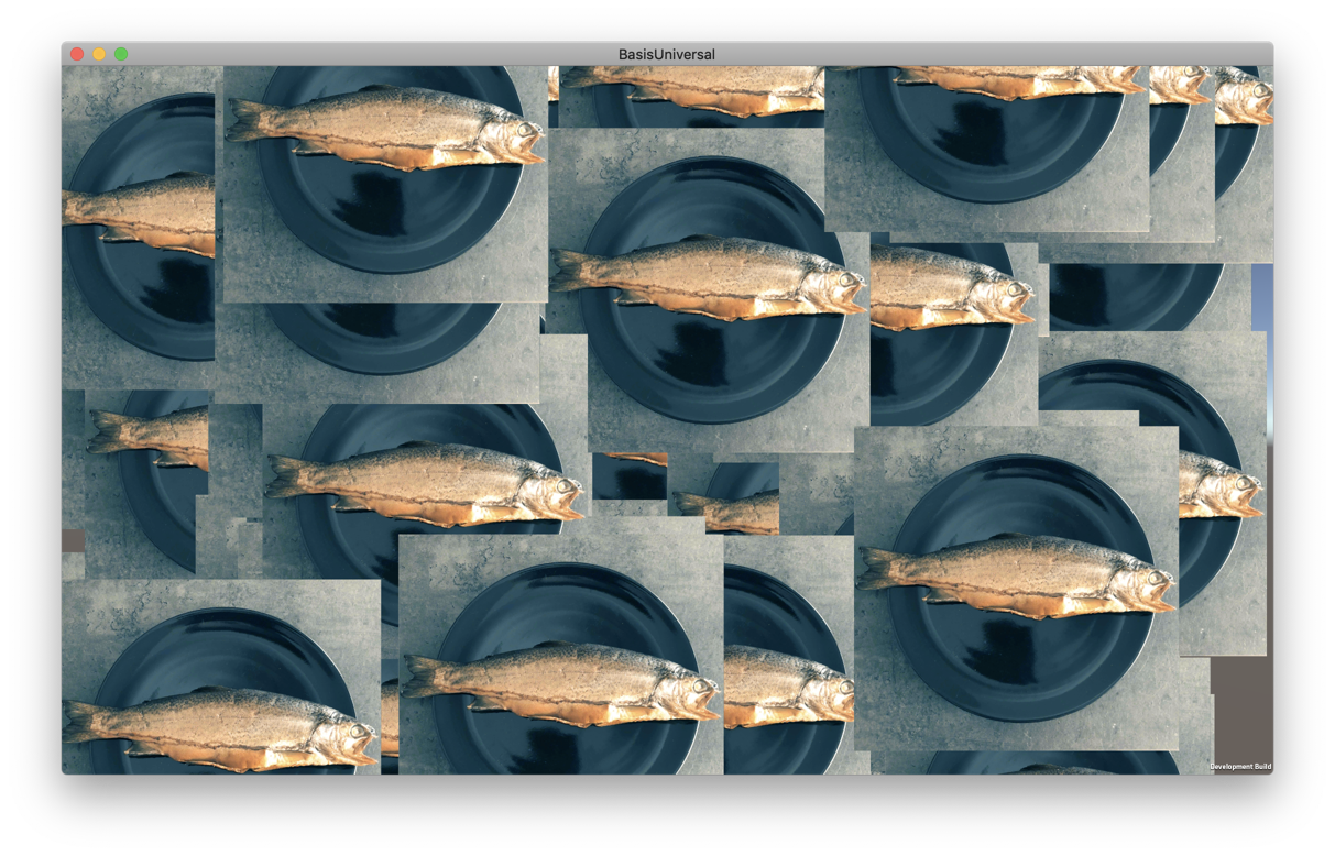 Lots of fish basis universal textures loaded via BasisUniversalUnity Screenshot of loaded fish textures
