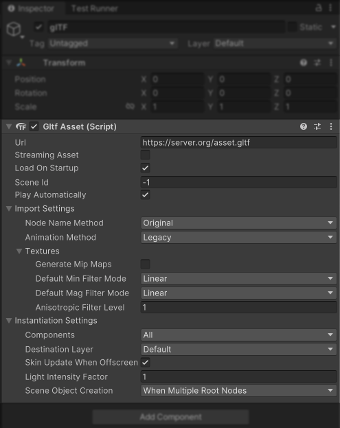 Inspector showing a GltfAsset component added to a GameObject GltfAsset component