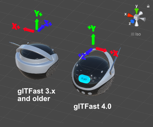 3D scene view showing BoomBoxWithAxes model twice. One with the legacy axis conversion and one with the new orientation GltfAsset component