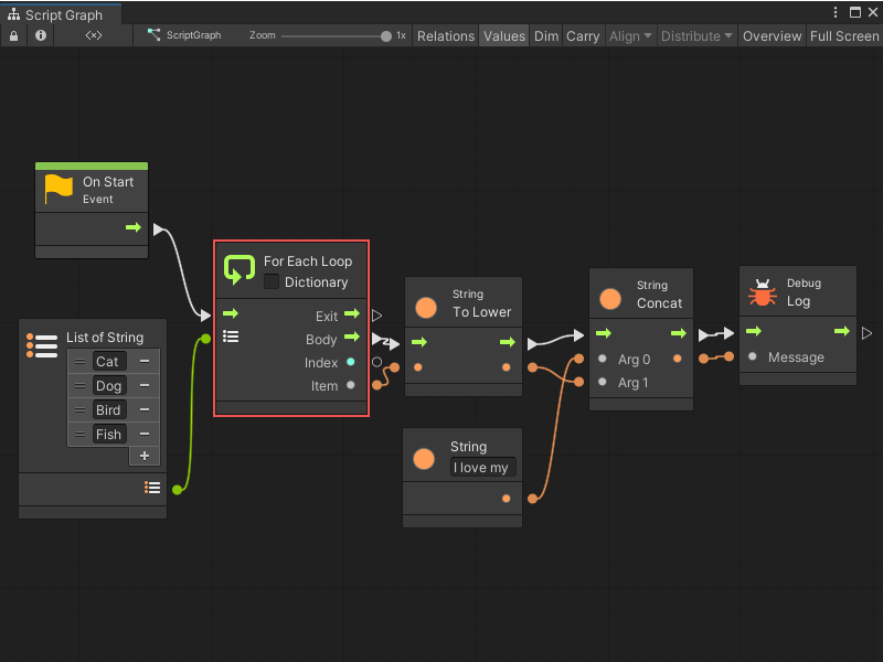 A For Each Loop node iterates the strings from the List node and prints each one to the console.