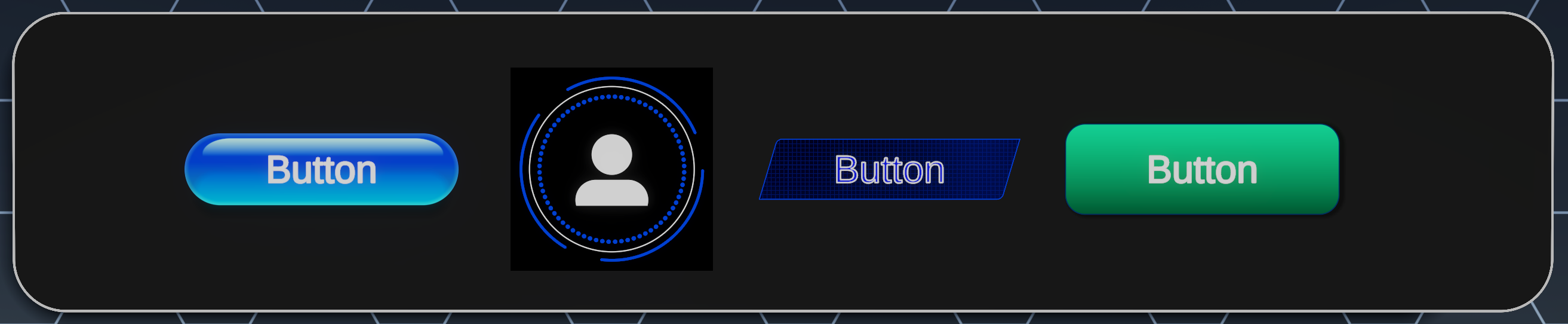User interface component with three distinct buttons labeled Button and a circular person icon. From left to right: a blue capsule-shaped button, a circular person icon, a dark blue rhombus button, and a green rounded rectangle button. 
