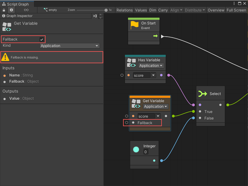 The Graphc Inspector window with a selected Fallback option, and the Get Variable node showing the Fallback.